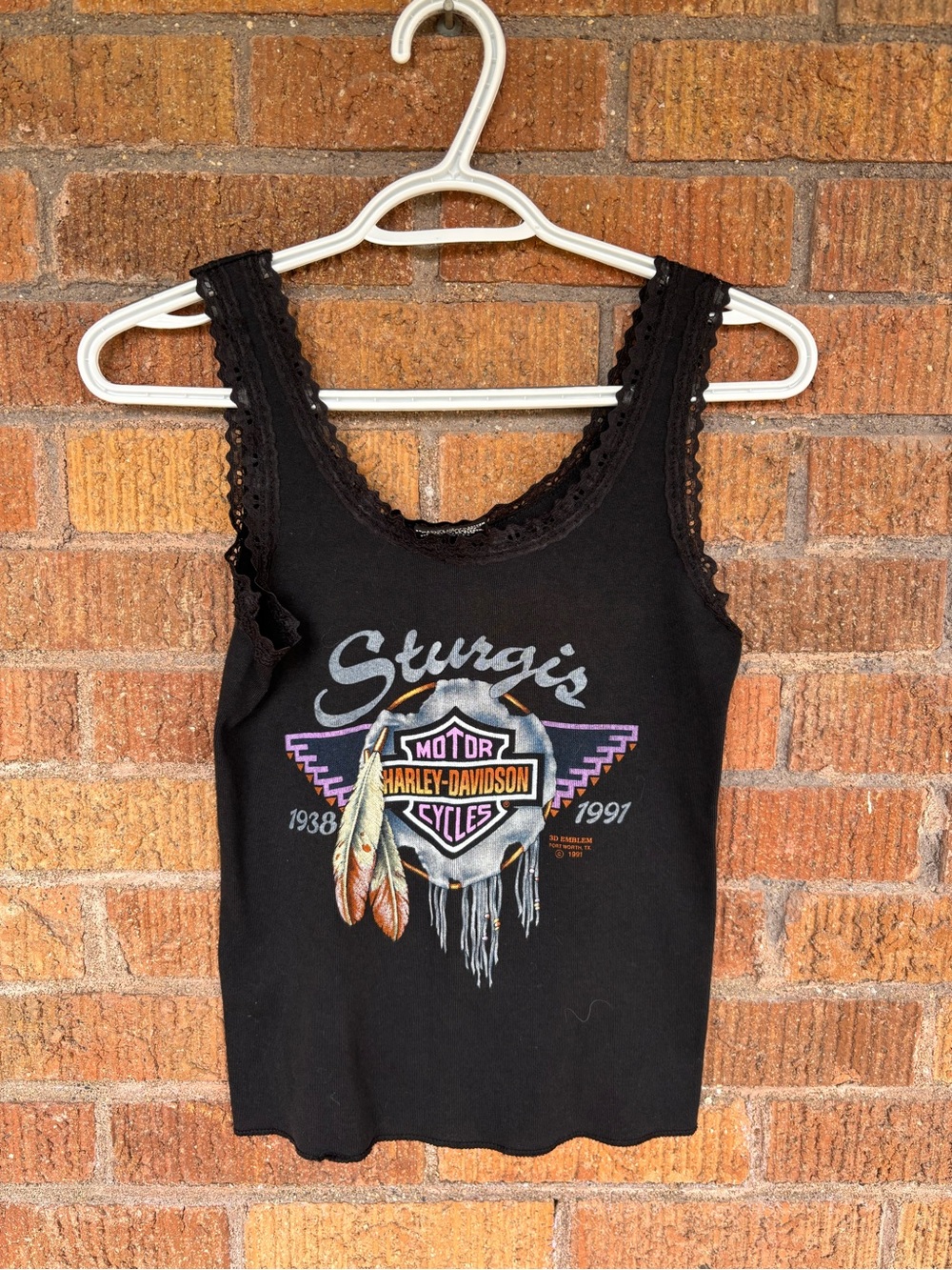 Vintage 90’s Harley Davidson 3D Emblem Lace Trim Tank Top Sturgis SD Black Sz M